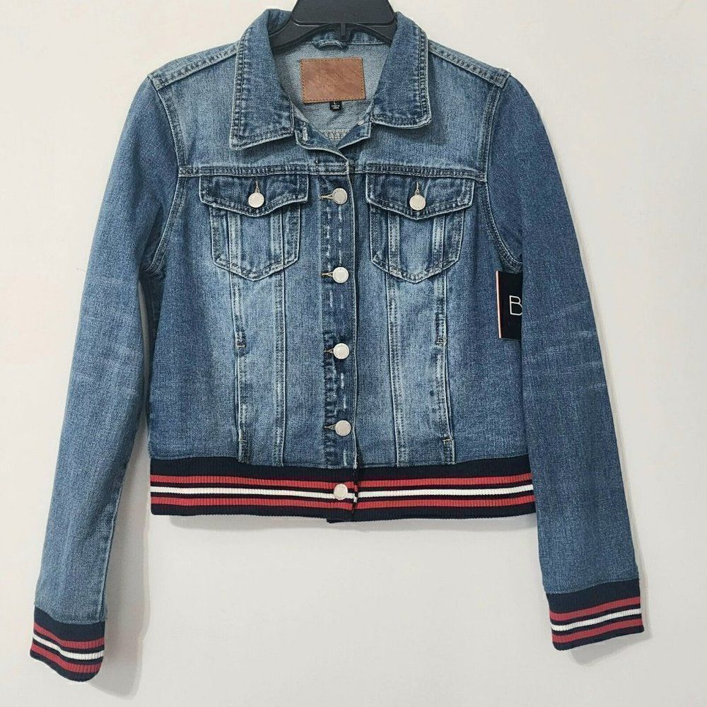 BBJ Los Angeles - Size L - Stripe Sweater Rib Trim Hem and Cuff Denim Jacket